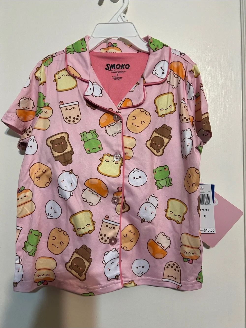 Smoko Kids 2 piece set Pink Short-Sleeve Pajama Top - Cute Snack Print Size 6